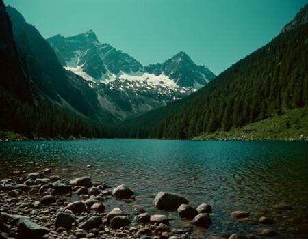 photograph Secluded mountain lake with crystal clear water and surrounding peaks, 50mm . cinematic 4k epic detailed 4k epic detailed photograph shot on kodak detailed cinematic hbo dark moody, 35mm photo, grainy, vignette, vintage, Kodachrome, Lomography, stained, highly detailed, found footage