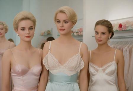 score_9, score_8_up, score_7_up, 1985 Tippi Hedren and Grace Kelly, pretty blond, slim, slender, wearing pastel satin nightie with spaghetti straps and lace trim, blond, standing in a busy lingerie store surrounded by pretty friends wearing pretty silk and satin slips and nighties and lingerie