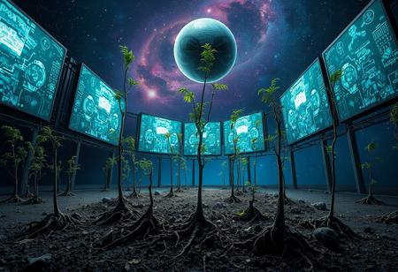 A ground   surrounded by large screens, held up by plants roots.  cosmos background with  a alien creature in space.