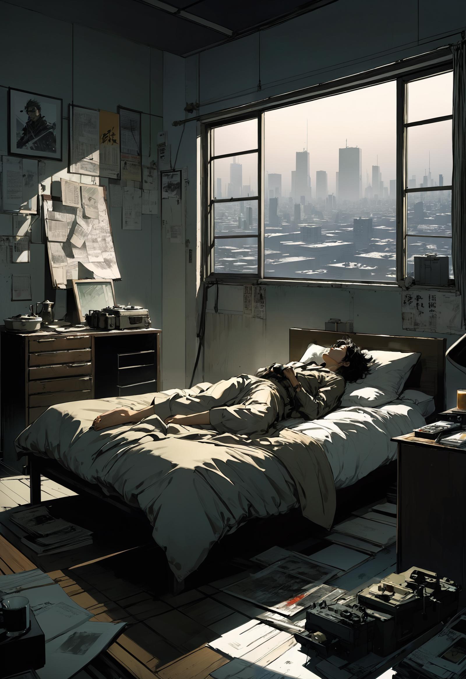 A person laying in bed in a room overlooking a cityscape.