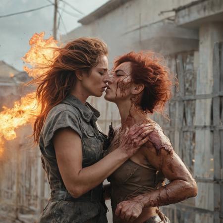 hurricane wind, wounded bleeding woman fights cyborg, nuclear bomb explosion, woman's hair catches fire, her skin burns, her flesh burns, shock wave dust smoke pushes the woman away, clings to fence, side view, bright, full color, cinematic, great composition, dramatic atmosphere, dynamic, elegant, highly detailed, intricate, light, sharp focus, beautiful, designed, innocent, fantastic, epic, artistic, perfect, rich deep