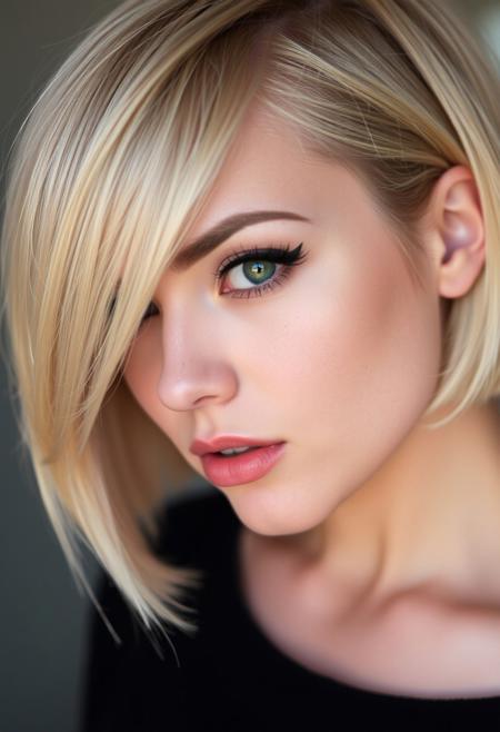 woman, blonde bobcut hair, parted half hair, green and blue eyes, eyeliner, deep drag,