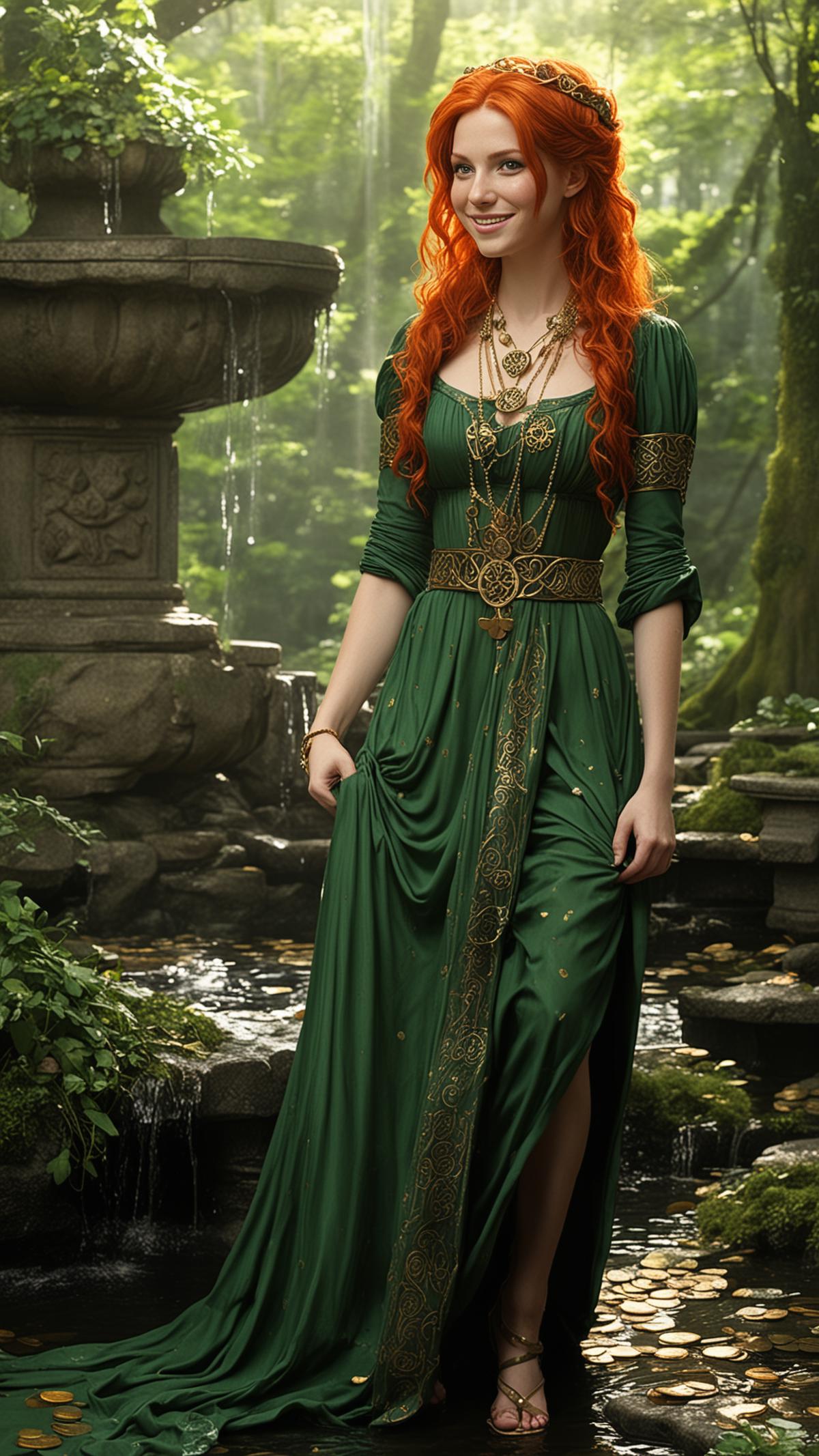 depict an smiling beautiful Irish woman with red Celtic hair style, Celtic green dress, in an Irish forest. BREAK standing...