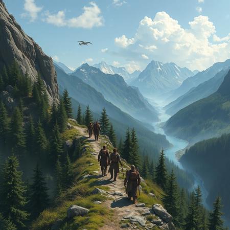 a group of adventurers travel a narrow mountain path through forests, distant rivers, distant mountains, wilderness, dungeons and dragons, medieval