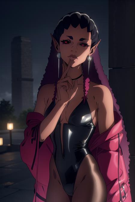 castlevaniadrolta, black hair, (red eyes:1.5), pointy ears, dark skin, dark-skinned female, colored sclera, black sclera, purple hair, gradient hair, two-tone hair, cleavage, jewelry, earrings, off shoulder, leotard, black leotard, pants, black pants,