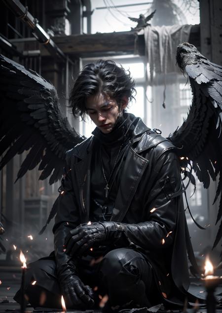 BJ_Daemon, solo, smile, short_hair, shirt, black_hair, gloves, long_sleeves, 1boy, sitting, closed_mouth, jacket, closed_eyes, male_focus, wings, black_gloves, pants, indoors, black_footwear, black_jacket, halo, black_pants, own_hands_together, feathers, feathered_wings, facing_viewer, black_wings, angel_wings, angel, candle, praying, black_feathers,
cinematic lighting,strong contrast,high level of detail,Best quality,masterpiece,White background,<lora:Daemon:0.7>,