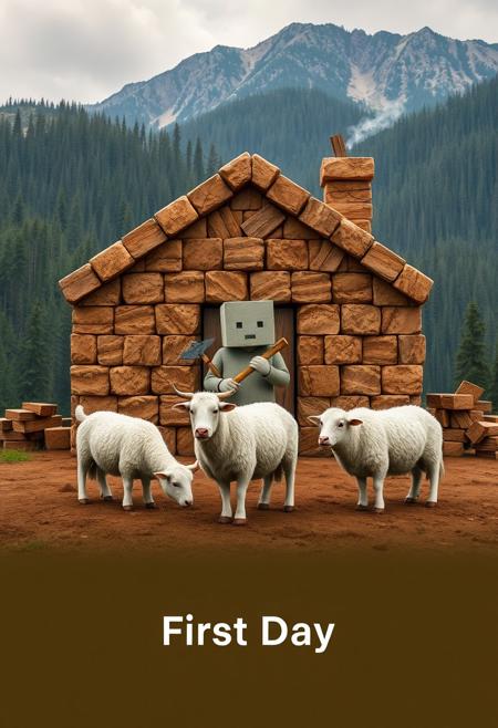 Hyper-realistic photograph of a square man, square cow and square sheep in front of a dirt house made of square dirt blocks in front of a forested mountain range.
All have square heads and square bodies, the sheep and the cow graze. The man stands in the middle holding a wooden pick axe. The house has walls and roof made of dirt with a wooden plank door and a smoking chimney. Text at the bottom reads "First Day"
