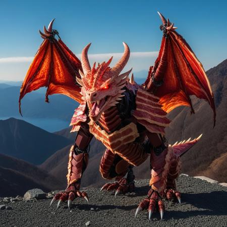 codeandigital, c0dean0igital, cyberw0rlds, no humans, dragon made out of bacon, mountain background, mountain made out of bacon, wings made out of bacon, claws, solo, open mouth, tail, red eyes, sharp teeth, teeth, monster, robot, full body, non-humanoid robot, horns, mecha, flying, tongue, from side, creature, fangs, science fiction, glowing, spikes, bacon scales, red gem, looking at viewer, armor made out of bacon, Tokio streets background, Tokio, mountain, Fuji, wearing glasses, glasses made out of bacon