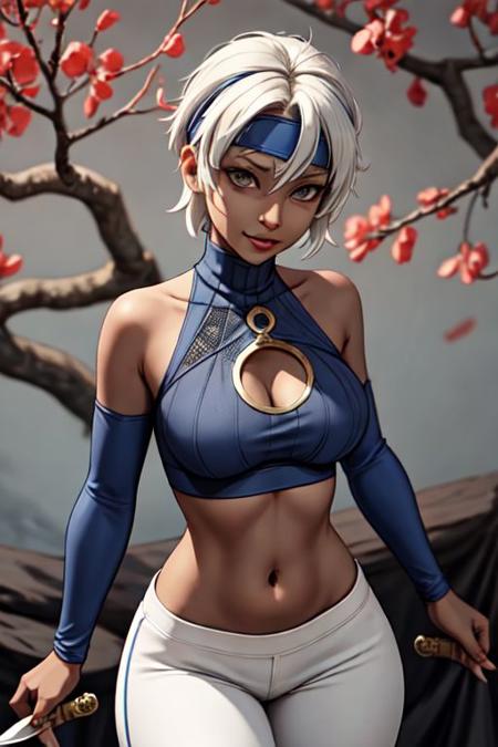 1girl, aka, solo, (short hair:1.1), (holding daggers:1.2), (dualwielding:1.2), (knife:1.6), (white hair:1.1), (detailed grey eyes:1.4), :D, smile, sultry, (fighting stance:1.2), 
BREAK (tight white pants:1.1), (leather belt:0.8), (dark skin:1.3), (dark-skinned:1.3), 
BREAK (blue_headband:1.3), (blue detached sleeves:1.2), fingerless gloves, (cleavage cutout:1.2), (blue croptop turtleneck with yellow underbust and trim:1.4), (underbust|cleavage|elastic trim:1.2), (gold trim:1.2), (yellow trim:1.3), (open neck:1.2), (navel:1.2), abs, (nude:0.1), (lithe:1.2), 
BREAK (masterpiece:1.2), (detailed background:1.4), (withered branches:1.3), (photorealistic:1.4), clear picture, (sharp:1.3), rimlight, (colorful:1.4), dark background, night, (minimalistic:1.4), (8k, UHD:1.4),