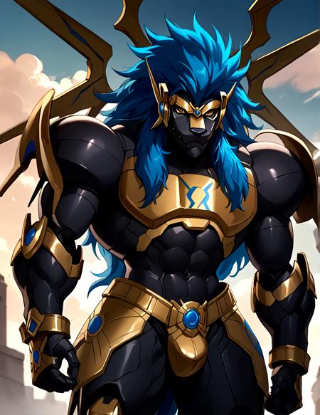 Apollomon Whispered muscular blue mane black lion armor Digimon long hair robot cyborg mecha