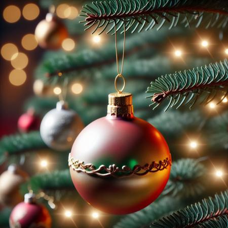 very realistic close-up photograph of a  Christmas sphere with a bell on it hanging in a Christmas tree branch