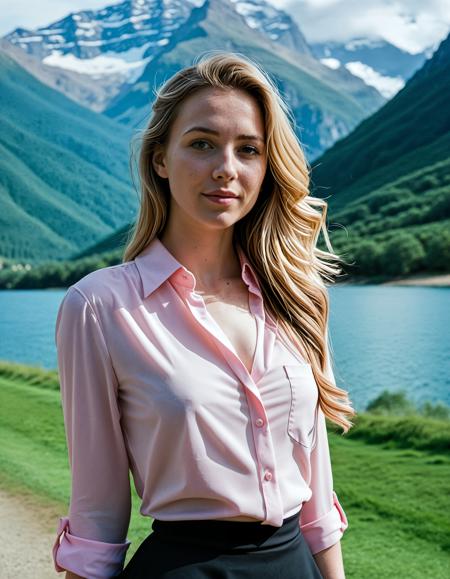 analogue photo of a beautiful 25 years old woman, high resolution image, ((pale skin)) slim blond woman, <lora:Arianwen_SDXL:0.6>,, A photo-realistic shoot from a portrait camera angle about a woman in her early twenties in a pink blouse and black skirt, standing in a natural setting with a blurred background of mountains and a body of water. the image also shows a serene and peaceful atmosphere. on the middle of the image, a woman in her early twenties with light skin and long beautiful hair, who appears to be in her early twenties, is facing the viewer with a smile on her face, looking directly at the camera. she has beautiful eyes and is wearing a pink shirt with long sleeves, a black tie, and a black skirt. her hair is styled in long hair and falls down her back. she is wearing pink gloves on her hands. her body is slim, and she is standing with her arms at her sides. the lighting is soft and natural, casting gentle shadows on her body.
