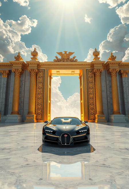 A hyper-realistic ultra luxury car (e.g., Bugatti La Voiture Noire or Rolls-Royce Sweptail) parked on polished white marble road, in front of massive golden gates of heaven, gates glowing with divine light, surrounded by soft white clouds, bright blue sky above, highly detailed reflections, god rays, cinematic lighting, 8K, ultra realistic