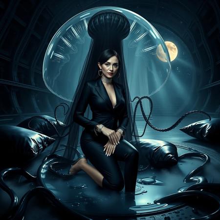 A refined, slender arrogant lady  in an impeccable black business suit, draped with a delicate black slime film veil, adorns silver high heels, an elegant silver collar and handcuffs, and sparkles with diamond earrings, kneeling amidst glossy black slime pillows, encased beneath a colossal, transparent jellyfish dome, enveloped by snaking tentacles, illuminated by a single, dim light beam, in the heart of a dark, foreboding alien hangar. The air is heavy with fog wafting from a gaping hole in the floor, filled to the brim with gleaming, transparent slime, as an ancient, celestial portal beckons in the distance, set against a backdrop of twinkling stars and a glowing moon.
