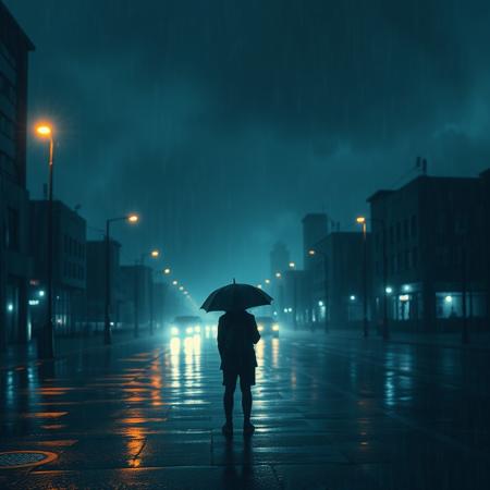 A dimly lit, rainy street at night, with soft streetlights casting a faint glow. In the foreground, a person stands alone under an umbrella, their figure slightly blurred, symbolizing fading memories. The city behind them is empty and distant, with reflections of lights on the wet pavement. The sky is cloudy, with faint stars barely visible, adding a sense of loneliness and melancholy. A soft, fading spark in the background symbolizes the lost hope and emotions fading away. The overall color palette should be cool tones, with shades of blue, gray, and a touch of warm amber from the streetlights.