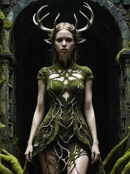 mysterious silhouette woman withsmall  antler and dress made out of moss, ruins in background, by Minjae Lee, Carne Griffiths, Emily Kell, Anna Dittmann, Steve McCurry, Geoffroy Thoorens, Aaron Horkey, amazing depth, dark and moody, grim, sinister,  surreal patterns, intricately detailed, bokeh, perfect balanced, deep fine borders, artistic photorealism, smooth, great masterwork by head of prompt engineering  <lora:ElementEarthSDXL:0.7> ElementEarth <lora:hyperkraximalism_v1-1:0.25>   <lora:add-detail-xl:0.8> <lora:zavy-cntrst-sdxl:0.8> dark, chiaroscuro, low-key