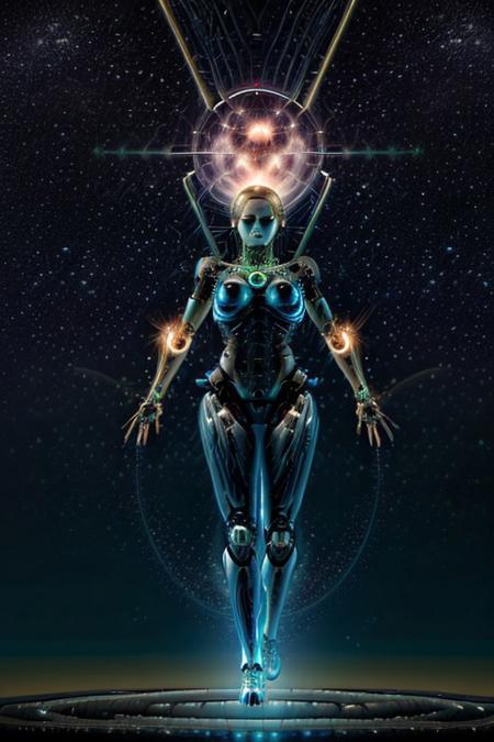 A glowing humanoid AI floats through space, passing by planets and stars. Her circuits shimmer as she extends a hand to touch a glowing comet, leaving trails of light and wonder in her path.
