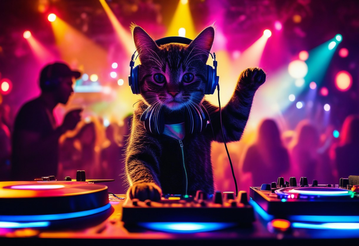 A cool DJ cat wearing stylish headphones, standing behind a turntable in a vibrant nightclub. The cat has a confident expression, one paw on the mixer and the other adjusting the headphones. Colorful lights flash around, and a crowd of dancing silhouettes moves to the beat. The scene is energetic and full of party vibes.