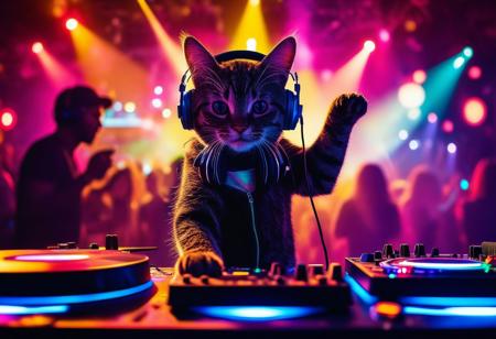A cool DJ cat wearing stylish headphones, standing behind a turntable in a vibrant nightclub. The cat has a confident expression, one paw on the mixer and the other adjusting the headphones. Colorful lights flash around, and a crowd of dancing silhouettes moves to the beat. The scene is energetic and full of party vibes.