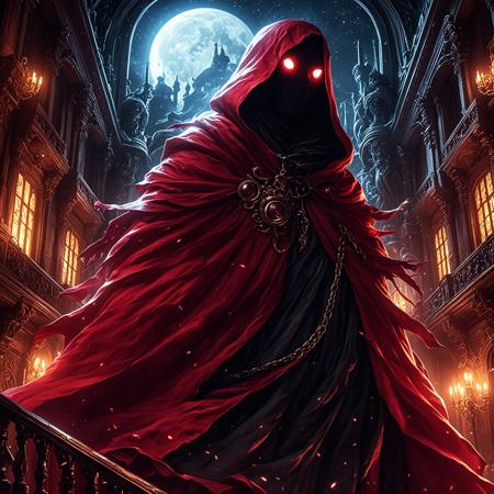 fantasy art of an animated heavy crimson cape worn by a slender faceless shadow with glowing eyes, in a baroque haunted mansion at night, detailed, high resolution <lora:spo_sdxl_10ep_4k-data_lora_webui:1.0>
