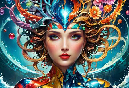 Create a high resolution, digital art that portrays the thematic concept of an Epiphany. The overall aesthetic should use a rich palette of colors and incorporate artistic interpretations reminiscent of surrealism, ornamentalism, and modernism. The image should include intricate designs and patterns, organic fluid dynamics, and feminine mystic elements to capture elements from the works of artists active up to 1912. The image should also exhibit a contrast of graphic, bold forms against detailed, complex backgrounds, embodying the stylistic elements of Art Nouveau, Futurism and Pop Art. Please ensure that any figurative elements respect diversity and are inclusive.