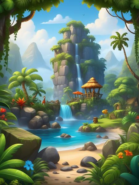 <lora:SS02ImpressionisticPainting_Hap_XL:1.5>,Thomas Kinkade style, <lora:add-detail-xl:0.00001> ,oil painting, Create a vibrant and engaging jungle stones game interface, featuring cartoon GUI elements for a lively gaming experience. Design user interface components such as buttons, score displays, level indicators, and character icons, all with a playful jungle theme. Incorporate colorful stones and foliage into the background to enhance the overall aesthetic. Ensure that the GUI elements are intuitive and user-friendly for seamless navigation during gameplay. Pay attention to the details, ensuring that each element aligns with the cartoon style and evokes the adventurous atmosphere of a jungle setting. Provide the final designs in a professional vector format for easy integration into game development platforms.ï¼