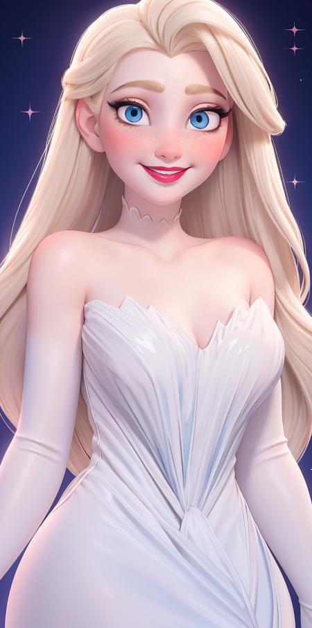 Blonde hair, blue eyes, pale skin, red lipstick, white sparkly dress, open-mouthed smile, raised eyebrows, relaxed expression,  <lora:Elsa:1>, breast, thick, standing,