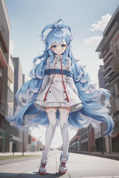 1girl, flat chest, blue hair, long hair, blue eyes, kobo, kanaeru, street background, city, ahoge, white hair tips, full body at full size