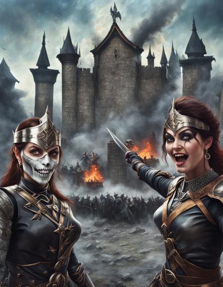 photo realistic, ultra details, natural light ultra detailed portrait of two happy female necromancers pointing a finger at an epic fantasy battlefield with crowds of knights and arrows in the skies and castles on fire, pointing a finger, fingerless glove, skeleton face volumetric fog, Hyperrealism, breathtaking, ultra realistic, ultra detailed, cyber background, cinematic lighting, highly detailed, breathtaking, photography, stunning environment, wide-angle", "text_l": "photo realistic, ultra details, natural light ultra detailed portrait of two happy female necromancers pointing a finger at an epic fantasy battlefield with crowds of knights and arrows in the skies and castles on fire, pointing a finger, fingerless glove, skeleton face volumetric fog, Hyperrealism, breathtaking, ultra <lora:sdxl_wojakpoint_v5-step00004200:1>