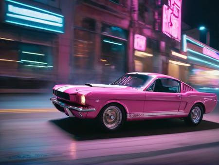 cyberpunkai car, pink 1965 shelby gt350, (driver:1.2),
street race at night, motion blur, highly detailed, cinematic lighting, detailed, 4k, 8k, dslr, 50mm, Hasselblad X2D
 <lora:1965_Ford_Mustang_ShelbyGT350_SDXL_v1_Platypus:1> <lora:CyberPunkAIp:1>