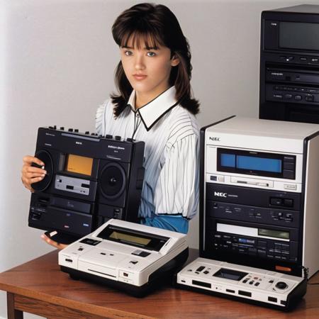 (((nec pc-8801))), videocassette recorder, cd player, hi-fi rack, corded phone, stereo, (((1980s (style)))), 1girl, sneakers