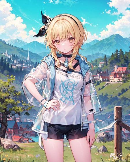 1girl,solo,, luminezjj,shirt,jacket, see-through, hand on hip,  <lora:[luminezjj,shirt,jacket]:1>,outdoors,mountainous horizon, short sleeves, shorts,