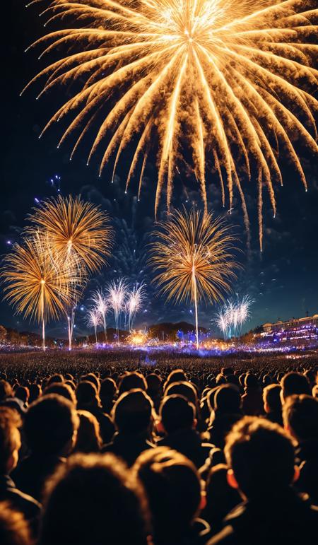 New Year concept - cheering crowd and golden sparkling fireworks, motion blur, cinematic look, film, breathtaking photograph, award-winning, professional, dlsr, dramatic light, highly detailed . 35mm photograph, 4k, vivid colors, warm atmosphere, focus stacking, shot on hasselblad, reflections, <lora:add-detail-xl:1>, <lora:SDXLHighDetail:0.5>