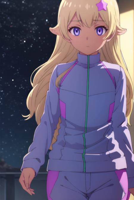 funicia raffaeli, long hair, blonde hair, hair ornament, (purple eyes:1.1), dark skin, star \(symbol\), dark-skinned female, star hair ornament, jacket, pants, track jacket,