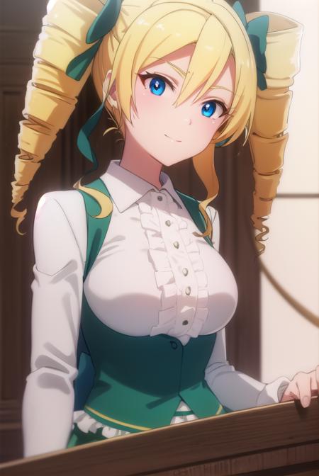 ellismaclaine, <lora:ellis maclaine s2-lora-nochekaiser:1>,
ellis maclaine, long hair, blue eyes, blonde hair, bow, twintails, hair bow, drill hair, twin drills, smile,
BREAK skirt, shirt, long sleeves, white shirt, pantyhose, frills, green skirt, underbust,
BREAK indoors, classroom,
BREAK looking at viewer,
BREAK <lyco:GoodHands-beta2:1>, (masterpiece:1.2), best quality, high resolution, unity 8k wallpaper, (illustration:0.8), (beautiful detailed eyes:1.6), extremely detailed face, perfect lighting, extremely detailed CG, (perfect hands, perfect anatomy),