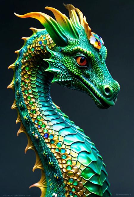 POV, frontal light, Hyper-realistic, detailed, Create a stunning fantasy creature that is a hybrid of a seahorse and a dragon. This magnificent being has the elongated, curved body of a seahorse, covered in iridescent scales that shimmer in shades of turquoise and emerald green. Its head resembles that of a dragon, complete with fierce, piercing eyes that glow like molten gold. The creature has long, flowing fins that resemble dragon wings, adorned with intricate patterns reminiscent of ancient runes. 
Its tail is long and spiraled, ending in a fan-like fin that mirrors the elegance of a seahorse's tail, while sharp, spiky ridges run along its back, giving it a fearsome appearance. The creature also has small, delicate horns protruding from its forehead, adding to its majestic and mythical look. Surround the creature with an underwater scene filled with colorful coral reefs and shimmering bubbles, emphasizing its ethereal beauty and magical prese