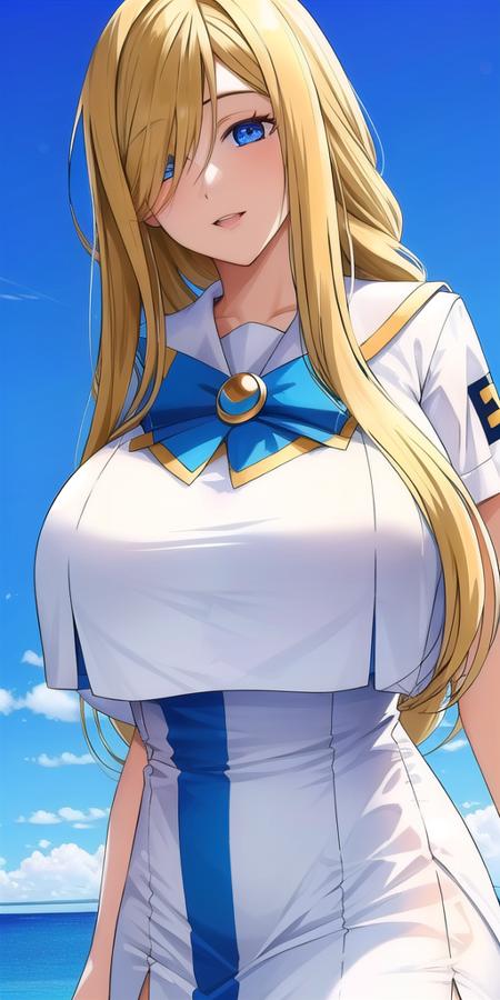 <lora:florence_aliciaV1:0.7> florence_alicia, huge_breasts, standing, solo, Summer_aria_company_uniform_White_long_dress_White_capelet_Blue_bowtie_Short_sleeves_Side_slit,, masterpiece, best quality, detailed face, detailed eyes, highres,