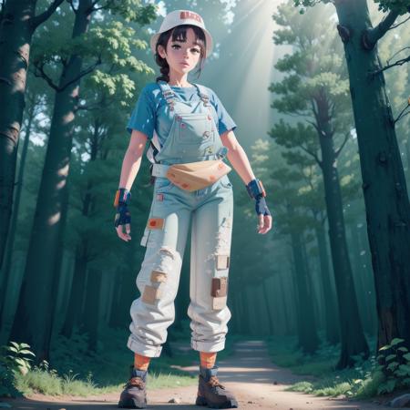 1girl, solo,  <lora:DuskMae-09:0.75>, denim overalls, bucket hat, dynamic pose, full body shot, cowboy shot, (8k, masterpiece, uhd:1.5), orange bandage on nose, looking at viewer, in a forest, god rays, sunny,  <lora:add_detail:0.6>