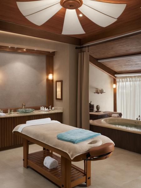 <lora:JJsSpa_XL:1>, ((spa treatment room)) , ((best quality)),((masterpiece)),((realistic)), indoors,  chair, table, photorealistic, authentic, indoor scenery,  highly detailed,  wood, ceiling light, towel, curtains, glass, lamp,