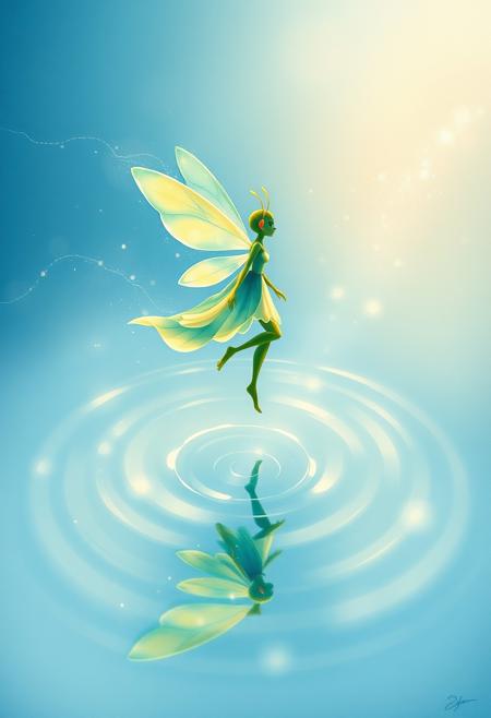 "Create a 2D watercolor painting of an anthropomorphic firefly dancing across a crystal blue pond, surrounded by a halo of soft, shimmering light. The firefly's body should be depicted in a flowing, ethereal pose, as if it's dancing across the water's surface. The pond's surface should be rippled, with each ripple leaving behind a trail of multiple colors, creating a sense of movement and energy. The colors should be soft and muted, with a focus on capturing the delicate, dreamlike quality of the scene. The firefly's wings should be translucent and glowing, with a soft, pulsing light that illuminates the surrounding water. Style: 2D watercolor, soft, ethereal, and dreamlike."