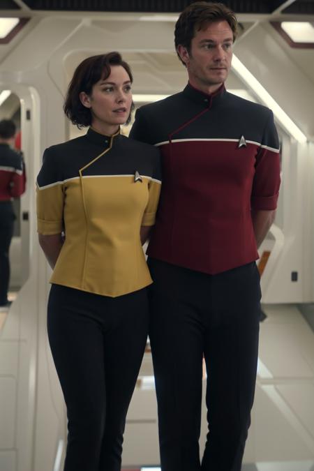 man and woman,woman in a yellow sttldunf uniform,man in (red  sttldunf uniform:1.3),entps bridge<lora:STTLDV1:0.8>