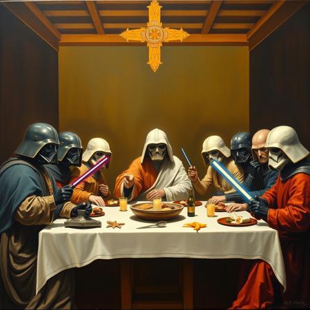 Star Wars characters recreating the last supper. Oil paint on canvas. In the style of Leonardo Davinci.