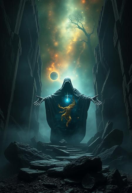 A universe inside a dark cloaked figure within mysterious landscape in an unfathomable realm of fantastic creation inhabited by ancient shadows of a forgotten time beyond the gate of the gateless gate where life is limitless, light is shadow and shadow is light, eerie sense, horror, spark of the beginning, existence and nonexistence at once, ethereal, outstretched arms, behold the end of the beginning, inglorious glory to the dark one, betrayal of the ancient order, beware the 7headed beast, destroyer of the old ways, bearer of the unbearable, nightmarish, archaic runes, tree aging backwards, breath of the gods, ruins of a place unimagined, extreme intricate detail, photorealistic, beyond epic scene, fate discarded, unseeable face of god, the end is the beginning, the beginning is the end