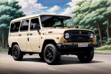 (anime), (illustration), cartoon, detailed, <lora:UAZHNTR:.7> UAZHNTR masterpiece,best quality,official art,extremely detailed CG unity 8k wallpaper,illustration, vehicle focus, road,   <lora:urushisato:.5> ((urushisato)) (((detailed background))), cute, funny, centered, award winning watercolor pen illustration, detailed, disney, isometric illustration, drawing, by Stephen Hillenburg, Matt Groening, Albert Uderzo