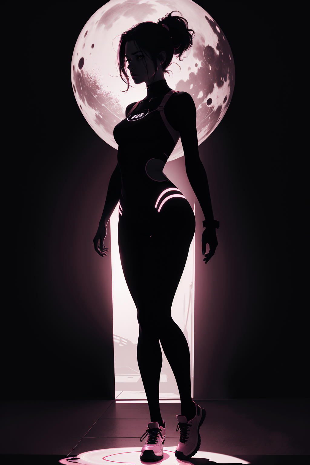 (silhouette:1.25),1girl,dark background,blacklight,mid shot,full body,somber expression,looking down,dark energy,vibrant m...
