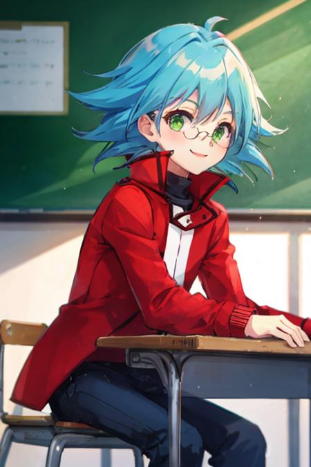 1boy, child, marufujisho, blue hair, short hair, bangs, green eyes, circular glasses, red jacket, pants, smile, sitting, classroom <lora:marufuji_sho:1>