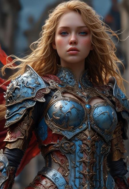 High resolution ultra-realistic of Beautiful Warrior girl, Fantasy style, 8k, capturing the intensity of the moment, dramatic lighting, standing on a bloody and stormy battlefield in a fighting pose, fire, intricately designed shining iron armor, red mini skirt, perfect athletic figure, beautiful Warrior girl, fire, dirty face, ultra realistic, cinematic style, athletic figure, Firm sinewy female slim body, dark fantasy, covered in dirty and blood, cinematic colors Lighting, extremely detailed, 8K, wavy blonde hair, realistic dirty bloody pale face, realistic blue eyes, beautiful Warrior girl on in cool iron armor, hyper-detailed, hyper-realistic, bright colours, Attractive 21 old years girl, Attractive, beautiful firm Breasts, sharp focus, digital painting, Photograph Taken on Nikon D750, Alphonse Mucha, 8K, athletic figure, Hyperdetailed, hyperrealism, Attractive, Attractive bust girl, asymmetric balance