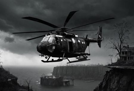 horror-themed A rusted rescue helicopter flying around a fantastic modern house atop a cliff in the middle of a storm, mostly black and white, swamp, shadowy creatures, eerie, unsettling, dark, spooky, suspenseful, grim, dark  themed background.