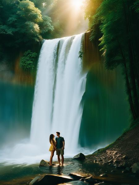 National Geographic photo, young couple playing in a waterfall in the forest, cinematic lens, accent lighting, global illumination, golden hour, film type <lora:waterfallsXL:0.9> <lora:SDXL - nurlens_SDXL_V0.1:0.8> NurLens, photography