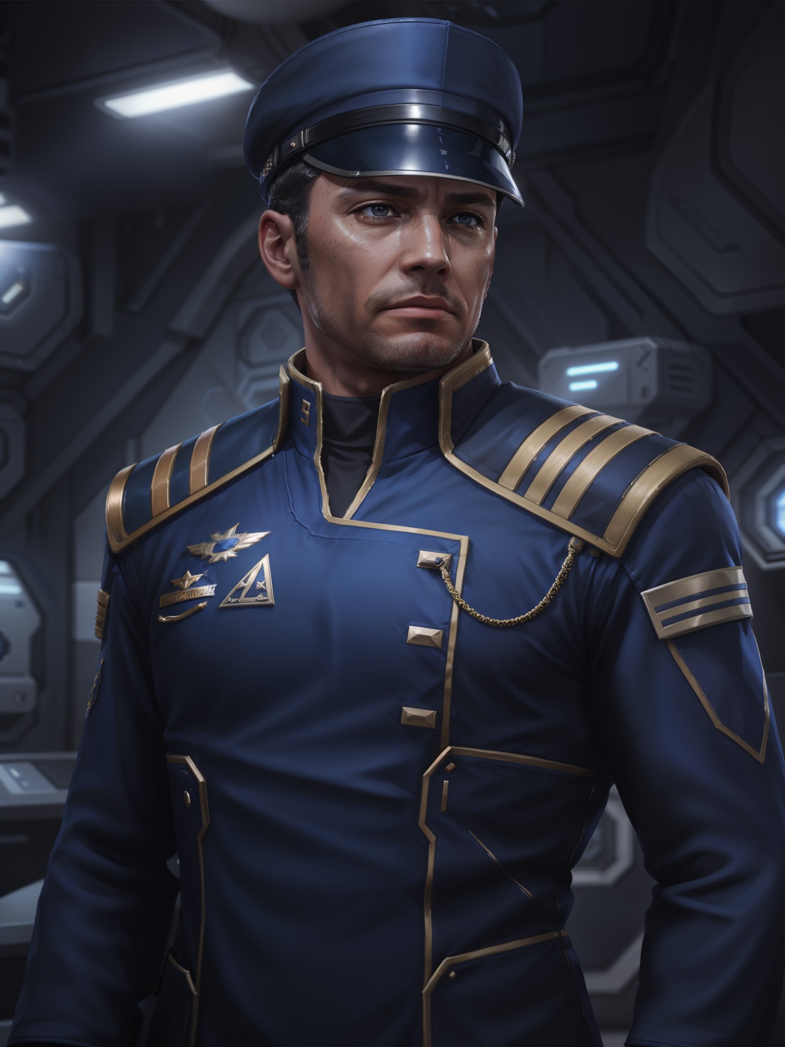 a man wearing (high rank allianceuniform with a cap) in a space station, realistic skin, dramatic lighting, ultra realisti...